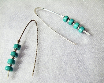 Arizona Turquoise sterling silver Dangle hoop earrings - Hand shaped ear wire- Long leaf shape- Elegant Modern earrings- December birthstone