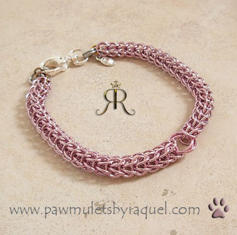hand woven dog chain with rose quartz pawmulet Pink princess