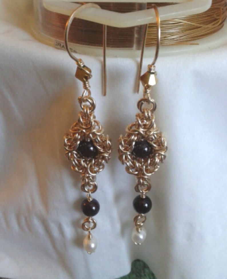 Tudor style Regal Garnet and Freshwater pearls Gold filled dangle earrings