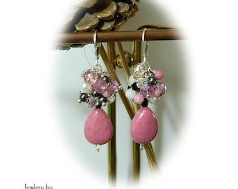 Rhodonite teardrop Cluster Earrings- Multi Gemstones and Swarovski crystals- "Pink Berries"- Rhodonite-Freshwater pearls-hematite-Moonstone
