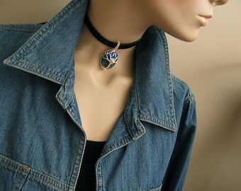 Alexandra- Leather Choker with handmade tree of life on Blue Sea Sediment Jasper-With a Retro look