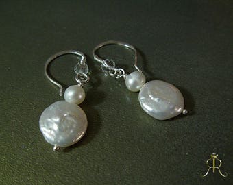 Sterling Silver Freshwater Coin Pearl Drop Earrings with swarovski accent/ or Herkimer diamond