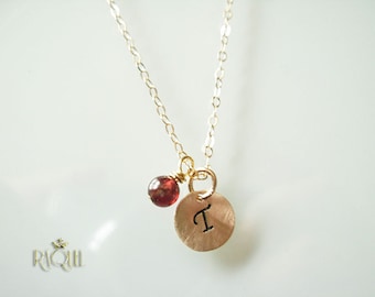 Garnet -January- Birthstone necklace, personalized customized initial necklace,14K Gold filled monogram necklace Perfect for every day wear!