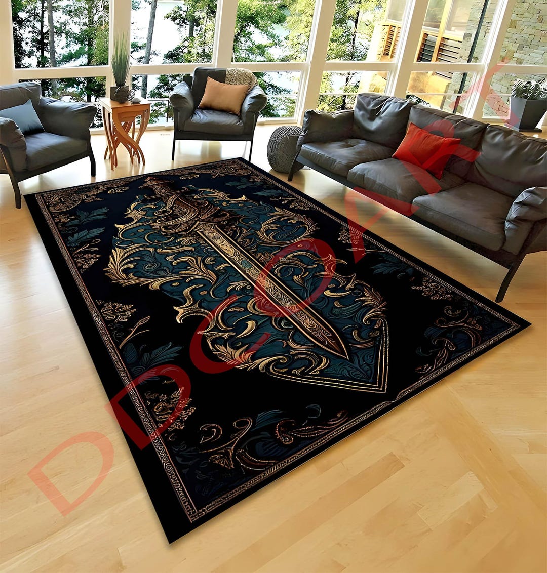 Elegant Sword Rug, Medieval Style Area Rug, Gold and Black Decorative ...