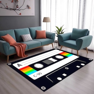 Personalized, Bespoke Cassette Tape Area Rug, Customizable 90s Music Mixtape Printed Mat, Retro Style Throw Rug, Gift for Music Lovers