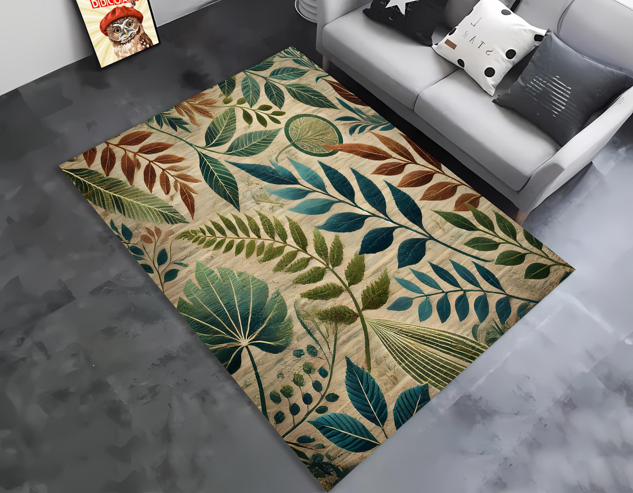Nature-Inspired Leaf Motif Rug, Earthy Tones Botanical Design Modern Organic Decor for Living Room or Bedroom, Tropical Area Rug