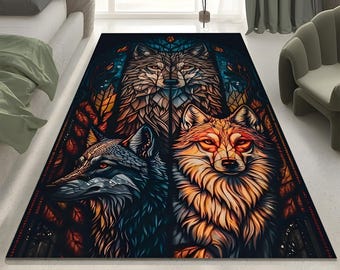 Wolf Rugs, Rug, Unique Animal Art Area Rug for Living Room, Bedroom, Office, Cozy Rustic Cabin Decor, Inspired Wolf Rug, Wolf Area Rug