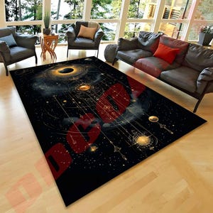 Celestial Galaxy-tapijt, astrologisch tapijt met ruimtethema, zwart gat en planeten, vloermat Cosmic Universe, astronomisch decor