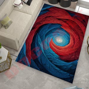 Abstract Fractal Rug, Bold Red Blue Vortex Carpet for Modern Living Room