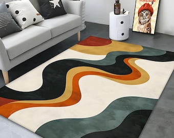 Modern Wavy Pattern Area Rug For Living Room, Retro Mid Century Decor, Unique Colorful Design