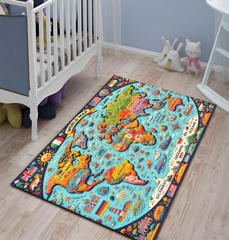 Educational World Map Rug: Colorful Kids Geography Learning Mat - Etsy