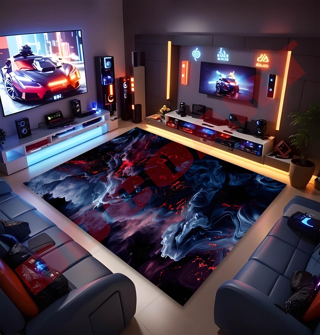 Futuristic Gaming Room Rug: Neon Abstract Red & Blue Smoke Carpet - Etsy