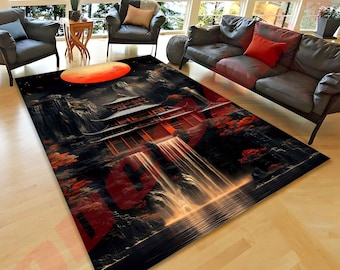 Japanese Zen Temple Rug: Red Moon Waterfall Art