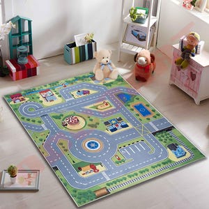 道路付きキッズプレイラグ、市街地マップアクティビティマット、交通教育カーペット、幼児向け楽しいカートラックフロアマット、プレイルームラグ