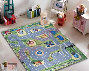 道路付きキッズプレイラグ、市街地マップアクティビティマット、交通教育カーペット、幼児向け楽しいカートラックフロアマット、プレイルームラグ