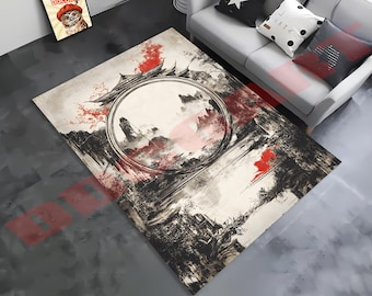 Japanese Ink Art Rug: Oriental Zen Floor Mat