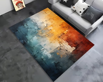 Abstract Area Rug, Modern Color Block Rug, Blue Orange Living Room Carpet, Washable Rug, Non Slip Floor Mat, Contemporary Home Decor