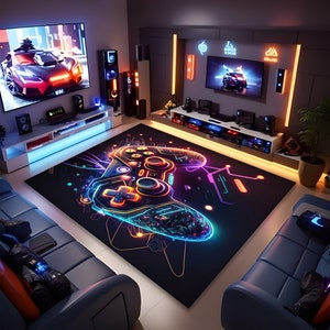 Könnte beinhalten: Ein schwarzer Gaming-Teppich mit einem neonfarbenen Videospiel-Controller-Design. Der Controller ist in Pink, Blau und Gelb umrandet. Der Teppich befindet sich in einem Gaming-Raum mit einem Fernseher und Spielkonsolen.