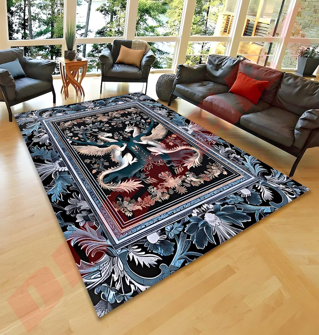 Medieval Rug Blue Indigo Dusty Blue Medieval Dragon Lovers Rug Mystic Fairycore Boho Art ...