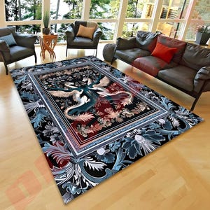 May include: A black and blue area rug with a large ornate frame featuring two white dragons with gold accents. The dragons are intertwined around a tree with red, green, and gold leaves. The rug has a floral pattern around the frame.