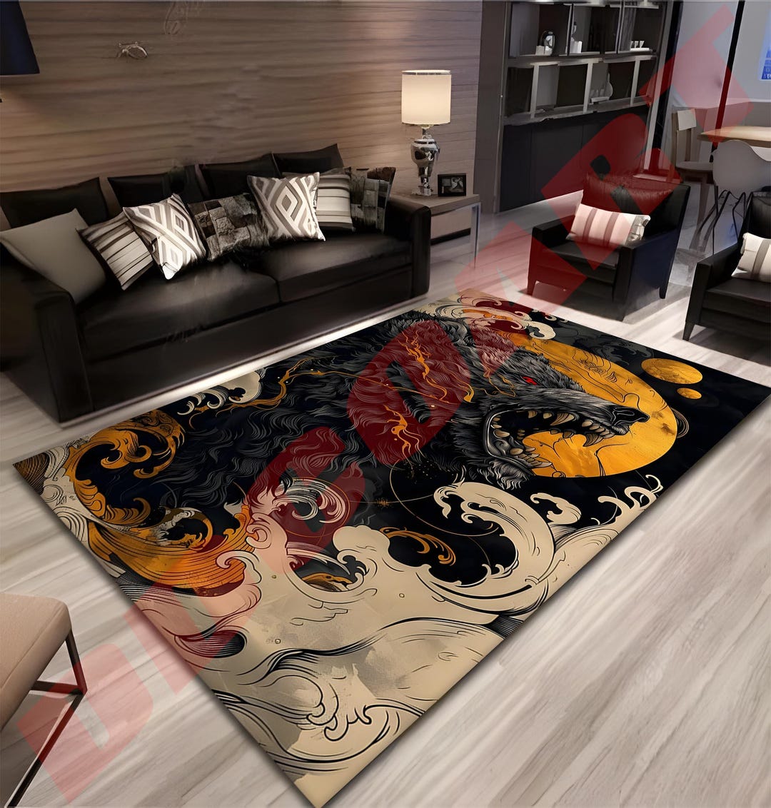 Wolf Rug Drawing Dark Wolf Moon Art Rug, Bold Animal Spirit Decor, Unique Black & Gold ...