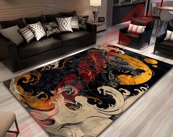 May include: A black and gold rug with a wolf's head design. The wolf's head is surrounded by waves and a yellow moon. The rug is on a wooden floor.