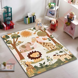 Safari Animal Kids Rug With Cute Giraffe and Lion Design, Soft Playroom Carpet For Nursery Or Bedroom, Adorable Jungle Theme Baby Gift