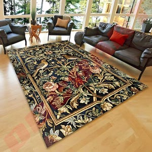 Folk Woodland Botanical Accent Rug | Dark Floral Living Room Home Decor Rustic Housewarming Gift Cottagecore Earth Tone Bedroom Floor Mat |