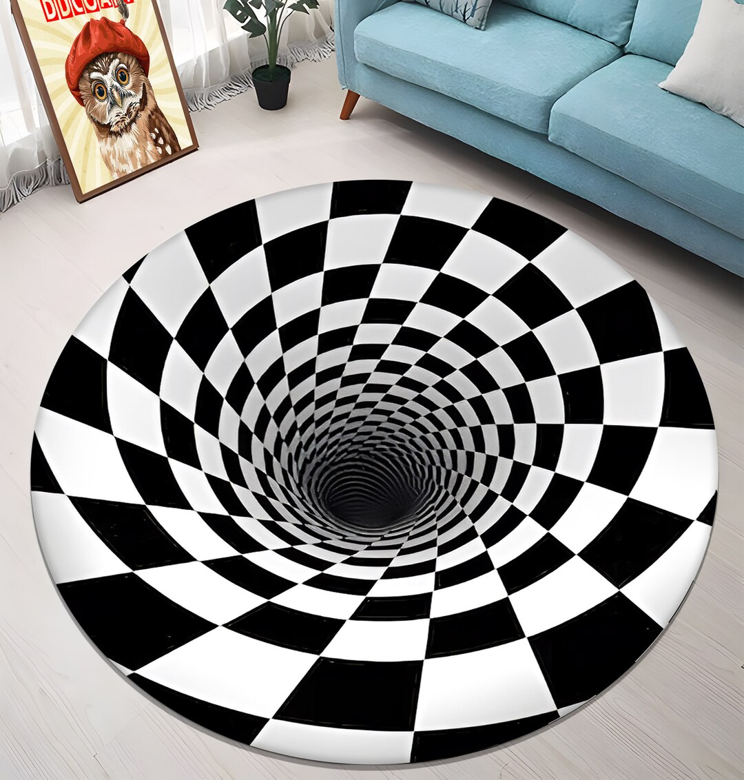 Illusion Rug, 3D Rug, Round Rug, Optical Illusion, Checkered Rug, Black ...