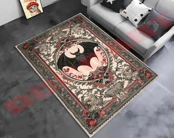 Gothic Bat Rug: Washable Rococo Style Rug for Goth Home Decor