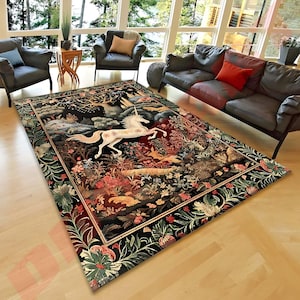 Fairytale Unicorn Floor Rug | Whimsical Fairy Folklore Aesthetic Room Decor Morris Inspired Cottagecore Cozy Fairycore Mystical Bedroom Rug