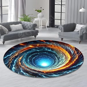 Puede incluir: Una alfombra redonda con un patrón de remolino de azul, naranja y amarillo. El centro de la alfombra es un círculo azul oscuro con una luz blanca brillante en el medio.
