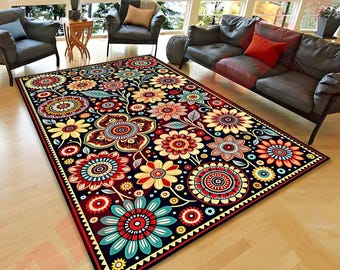 Boho Floral Mandala Area Rug: Vibrant Bohemian Home Decor,