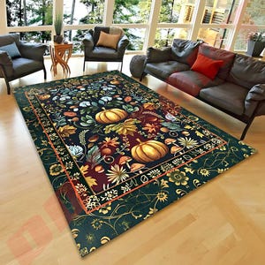 Dark Botanical Pumpkin Rug Gothic Decor Autumn Aesthetic | Cozy Cottagecore Rustic Fall Charm Whimsical Home Decor Pumpkin Rug Vintage Vibes