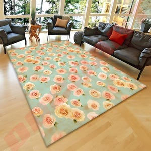 Vintage Rose Floral Teppich, Weicher Romantischer Wohnzimmer Teppich, Blauer Hintergrund Teppich Mit Rosa Rosen, Elegante Haus Geschenkidee