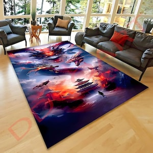 Alfombra con temática de dragón, alfombra de fantasía oriental, decoración de arte de dragón mítico para sala de estar, regalo para jugadores, alfombra de inspiración asiática