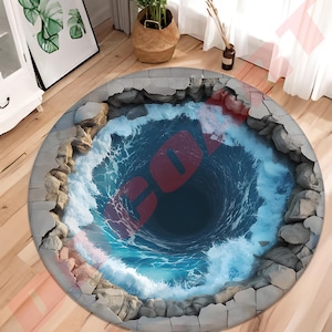 May include: A round rug with a 3D design of a cracked concrete floor with a swirling blue ocean and a black hole in the center.