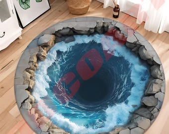 3D Round Rug, 3D Rug, Big Crack Rug, Deep Hole Rug, Illusion Rug, 3D Huge Crack Rug, Optical Illusion Rug, 3D Water Rug, 3D Look Crack Rug