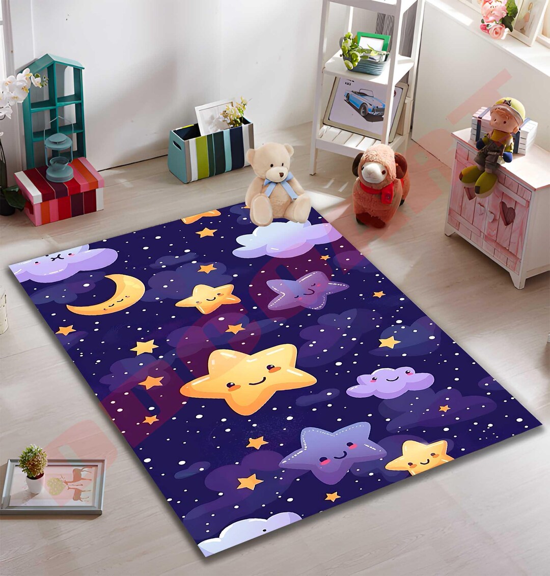 Starry Night Kids Rug, Cute Moon and Stars Play Mat, Soft Nursery ...