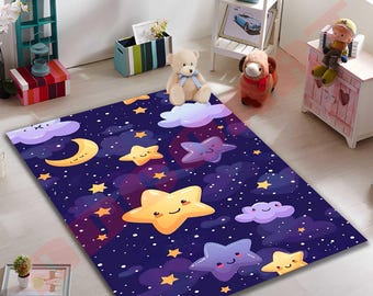 Starry Night Kids Rug, Cute Moon And Stars Play Mat, Soft Nursery Carpet, Galaxy Theme Area Rug, Cozy Toddler Room Floor Decor