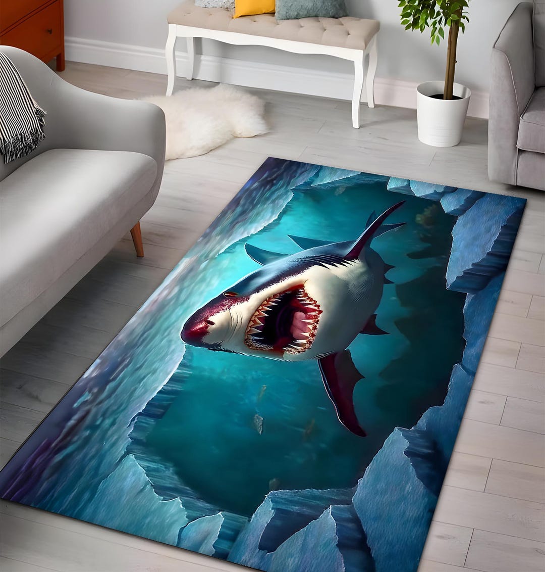3docean Rugs 3D Shark Rug: Ocean Theme Polyester Floor Decor, - Etsy