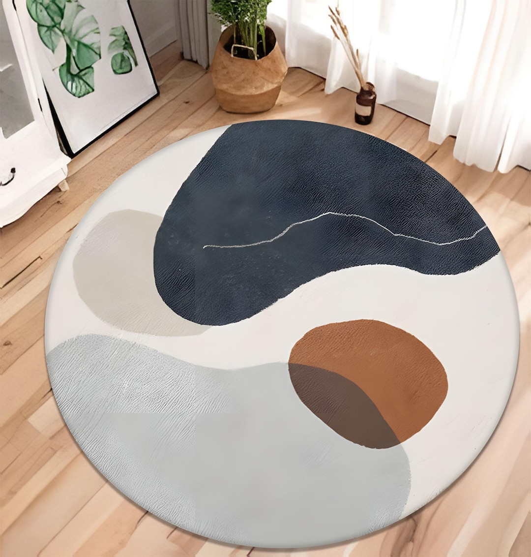 Modern Abstract Round Area Rug, Neutral Tones Minimalist Carpet for ...