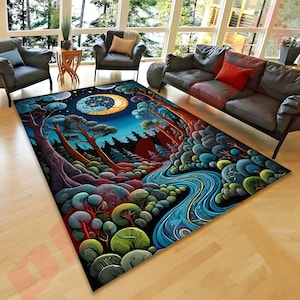 Fantasy Forest Rug, Mystical Nature Area Carpet, Moon and River Design, Boho Hippie Living Room Decor, Psychedelic Woodland Floor Mat,