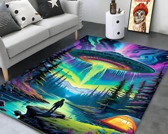 UFO Abduction Area Rug: Colorful Sci-Fi Art Decor, Non-Slip 5x7 ft