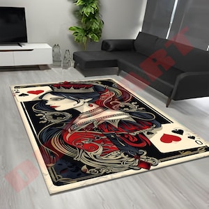 Pik Dame Teppich - Spielkarte Kunstteppich, Vintages königliches Design, Gothic Wohnkultur, Wohnzimmer Bodenmatte, Geschenk für Kartenspieler