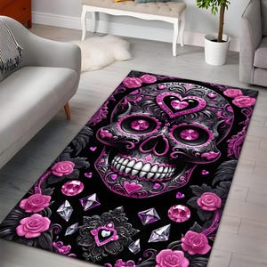 Gothic Sugar Skull Area Rug, Pink and Black Rose Decor Carpet for Living Room, Halloween Themed Rug, Unique Skull Design 5x7 Floor Rug