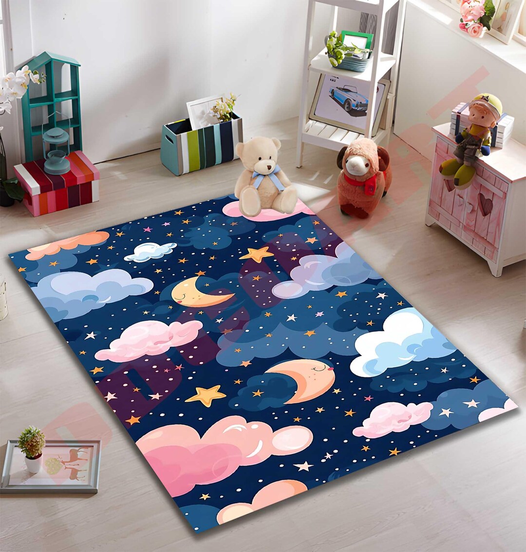Starry Night Kids Rug, Cute Moon and Stars Play Mat, Soft Nursery ...
