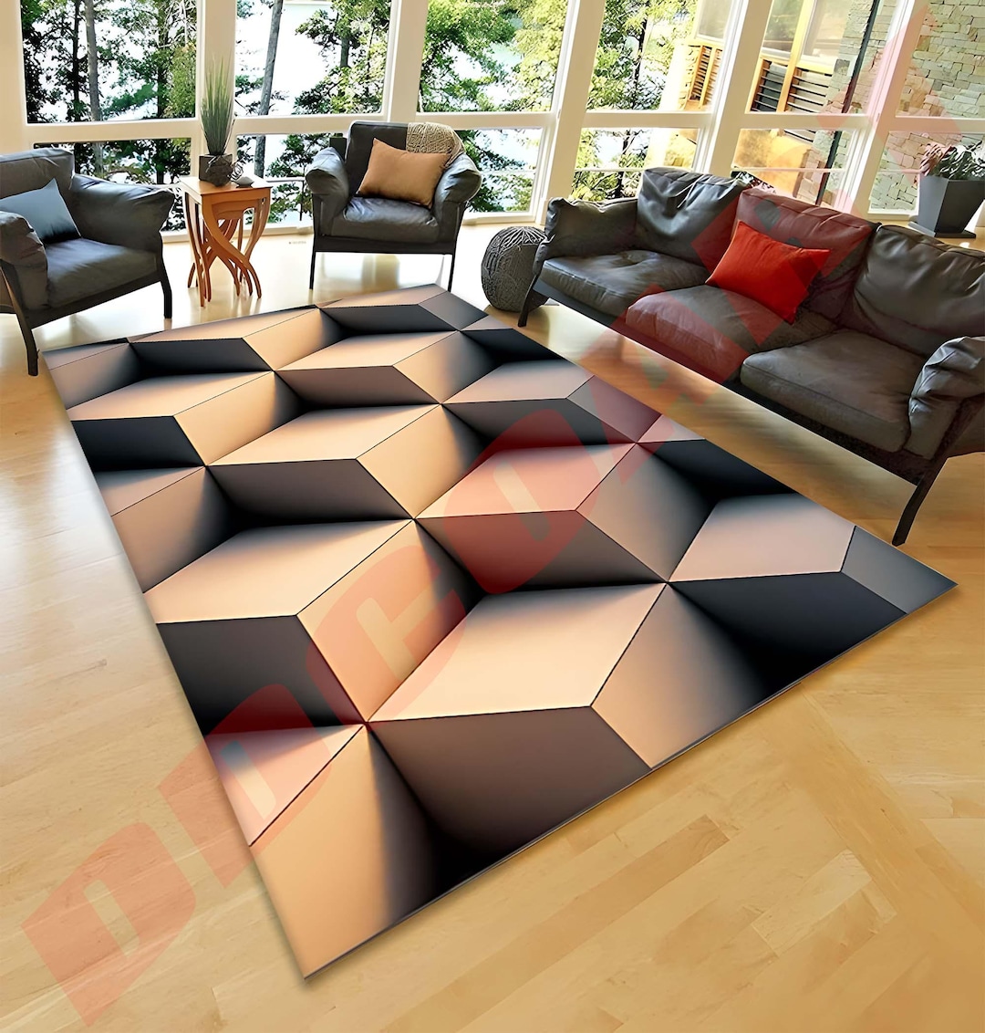 幾何学模様のラグ、152cm✕82cm 幾何学模様のラグ、152cm✕82cm やわらか幾何学柄の防ダニラグ［日本
