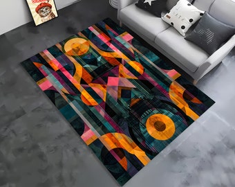 Pode incluir: Tapete geométrico abstrato com um design colorido que apresenta tons de rosa, amarelo, laranja, azul e verde. O tapete tem um estilo moderno e contemporâneo.