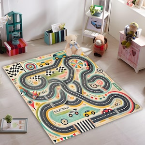 子供用レーストラックラグ、カラフルなレースカーラグ、子供用レーストラックカーペット、子供部屋用のインタラクティブで楽しいプレイマット、